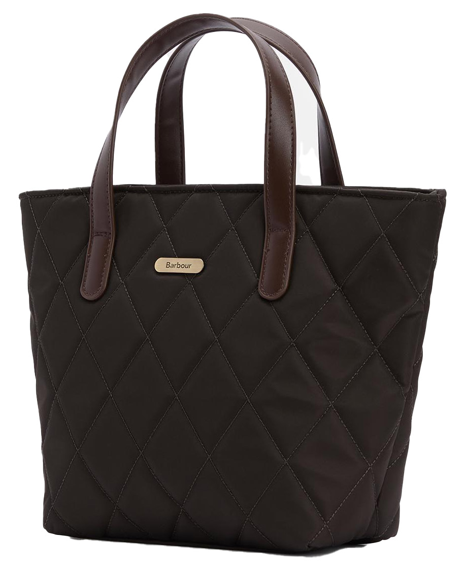 barbour mini quilted tote bag schraeg vorn elegante ansicht der gesteppte tasche mit barbour logo