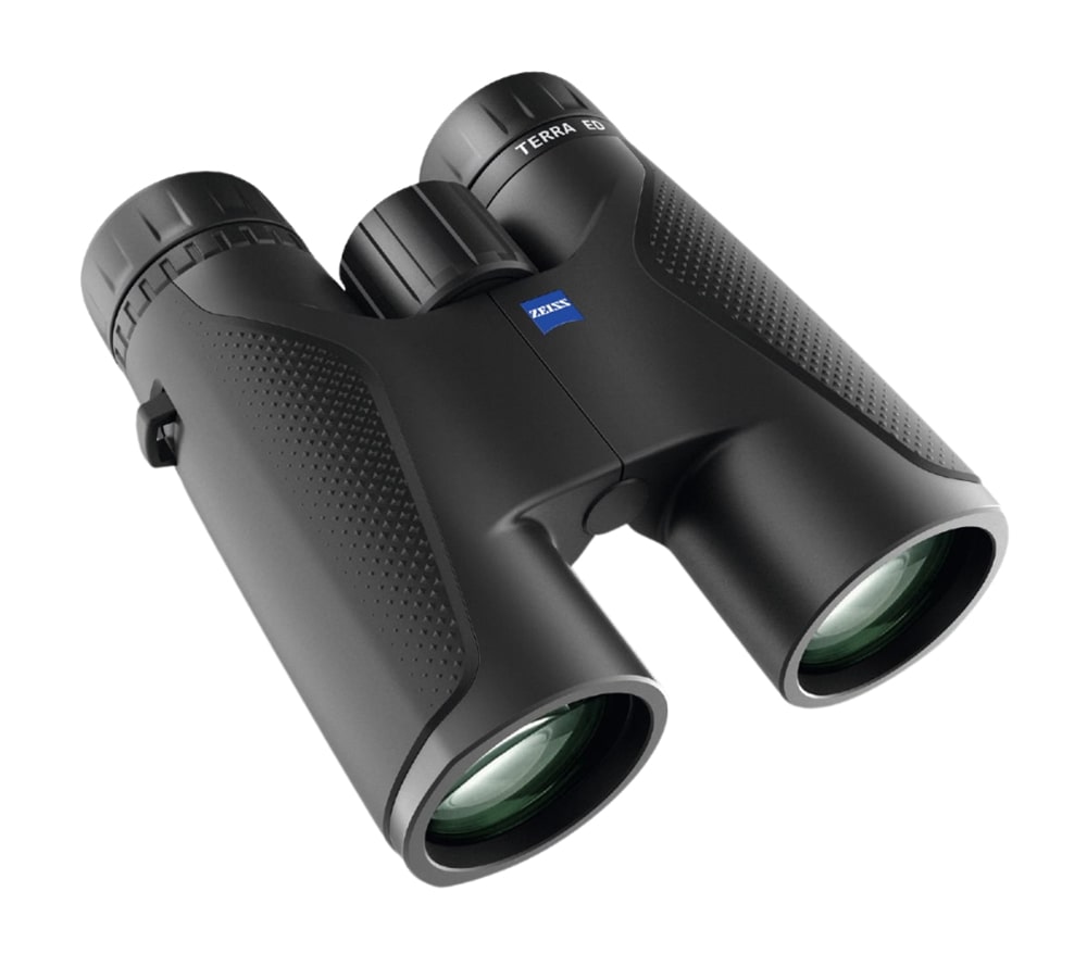 Frontansicht des Zeiss Terra ED 8x42 Fernglases in Schwarz, mit Fokus auf die präzisen Objektivlinsen und das ergonomische Design.