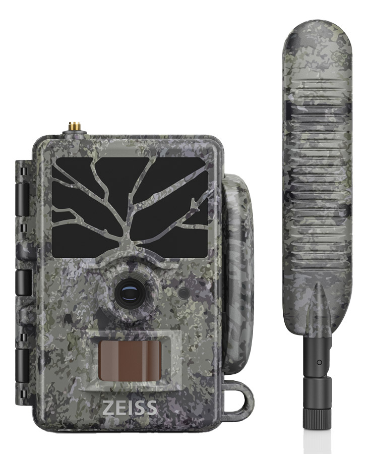 Zeiss Secacam 1, die Wildkamera ist von vorn abgebildet und der Sender Empfänger steht hochkant daneben