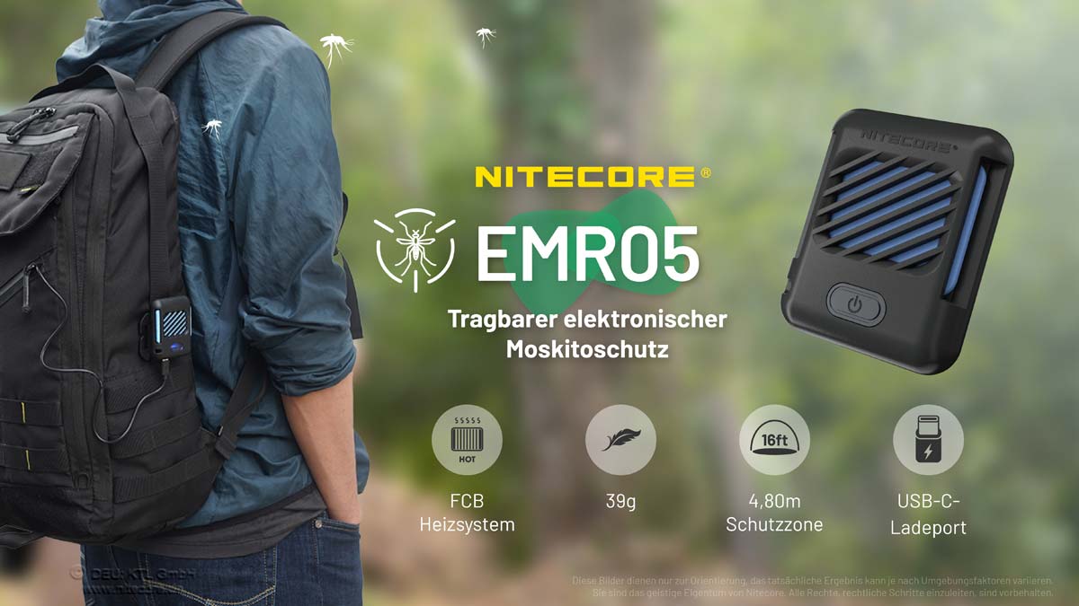 Fakten zum Nitecore EMR05 Mückenabwehrgerät, einschließlich Gewicht und USB-C-Anschluss