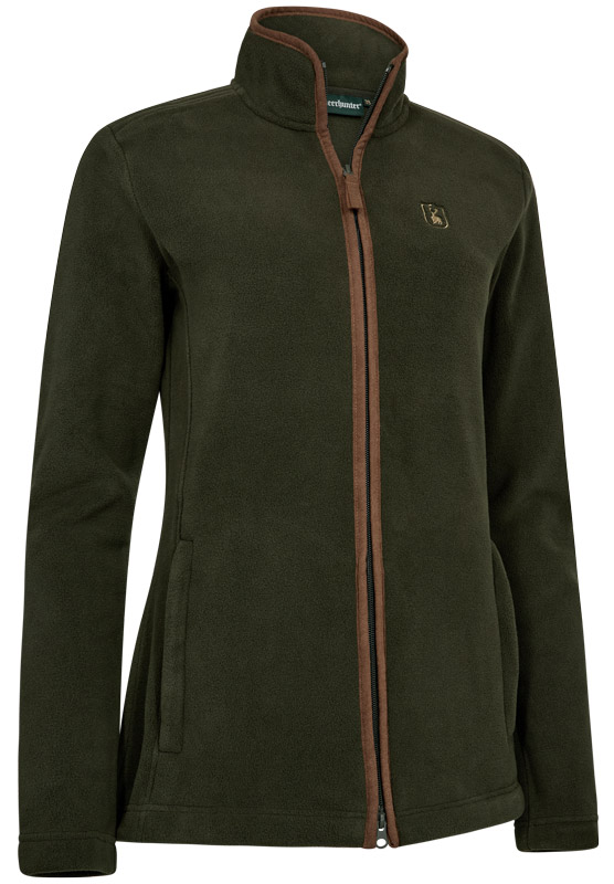 Damen-Fleecejacke von Deerhunter in Forest Ember mit durchgehendem Reißverschluss, Stehkragen, Wildlederimitat-Details und zwei Reißverschlusstaschen.