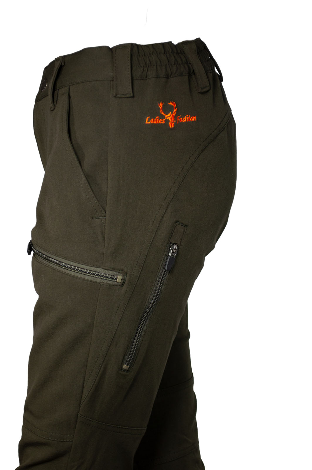jagdhose stretch emma in oliv – linke seitenansicht mit sicht auf seitentasche und schnitt
