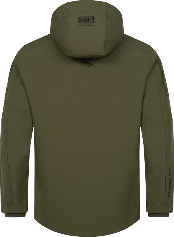 Herren-Softshelljacke Mauser Tornado in matt Oliv, Rückansicht mit glatter Rückenpartie, Kapuze und sportlichem Schnitt.