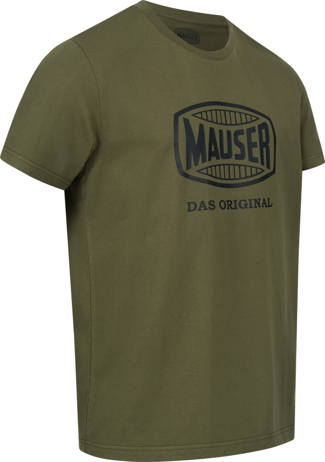 Herren-T-Shirt von Mauser in Oliv, Rechtsansicht, mit großem Mauser-Logo, kurzem Ärmel und schlichtem Schnitt.