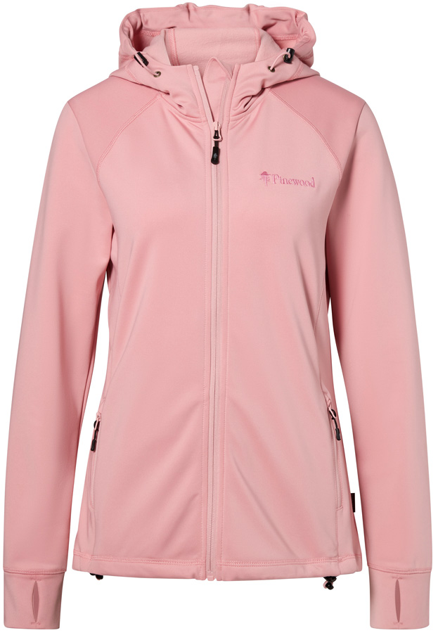 Damen-Fleecehoodie von Pinewood in hellem Rosa mit Kapuze, durchgehendem Reißverschluss, seitlichen Reißverschlusstaschen und Daumenlöchern an den Ärmeln.
