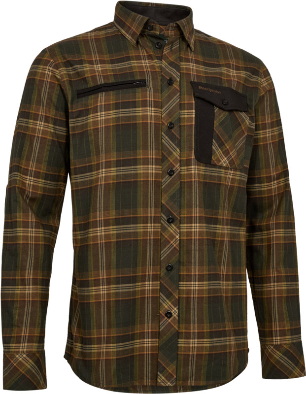 Deerhunter Hemd Bennett in der Version Green Check, Vorderseite Männerhemd mit grün-braunem groben Karomuster mit Brusttasche und Knopfleiste