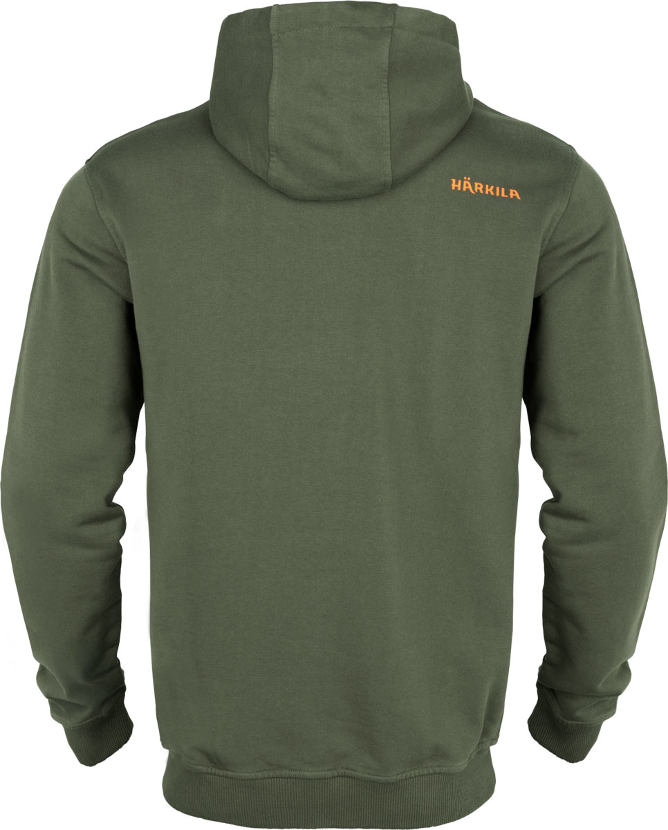 Rückansicht des Härkila Hoodie Identity in Grape Leaf/Mandarin Orange mit Kapuze und schlichtem Rückenbereich.