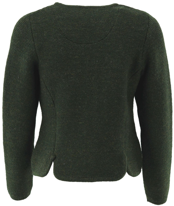 OS Trachten Strickjacke Rundhals oliv, Rückseite der taillierten Jacke