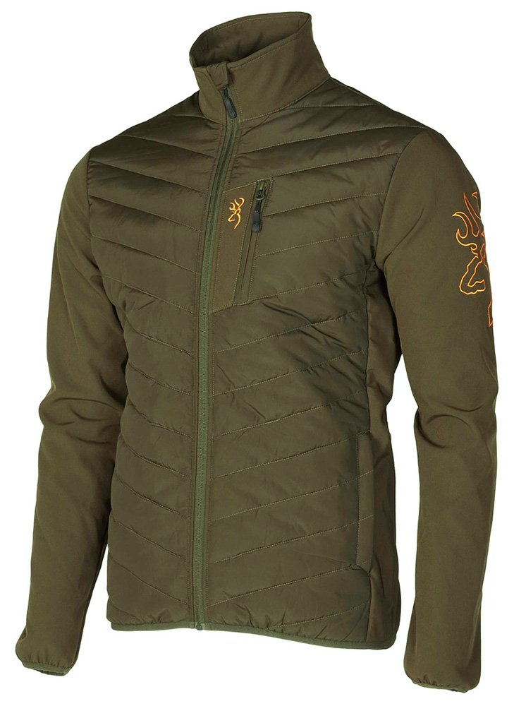 Browning Jacke Coldkill in dunkelgrün mit Reißverschluss und Browning-Logo-Stickerei aud dem linken seitlichen Oberarm