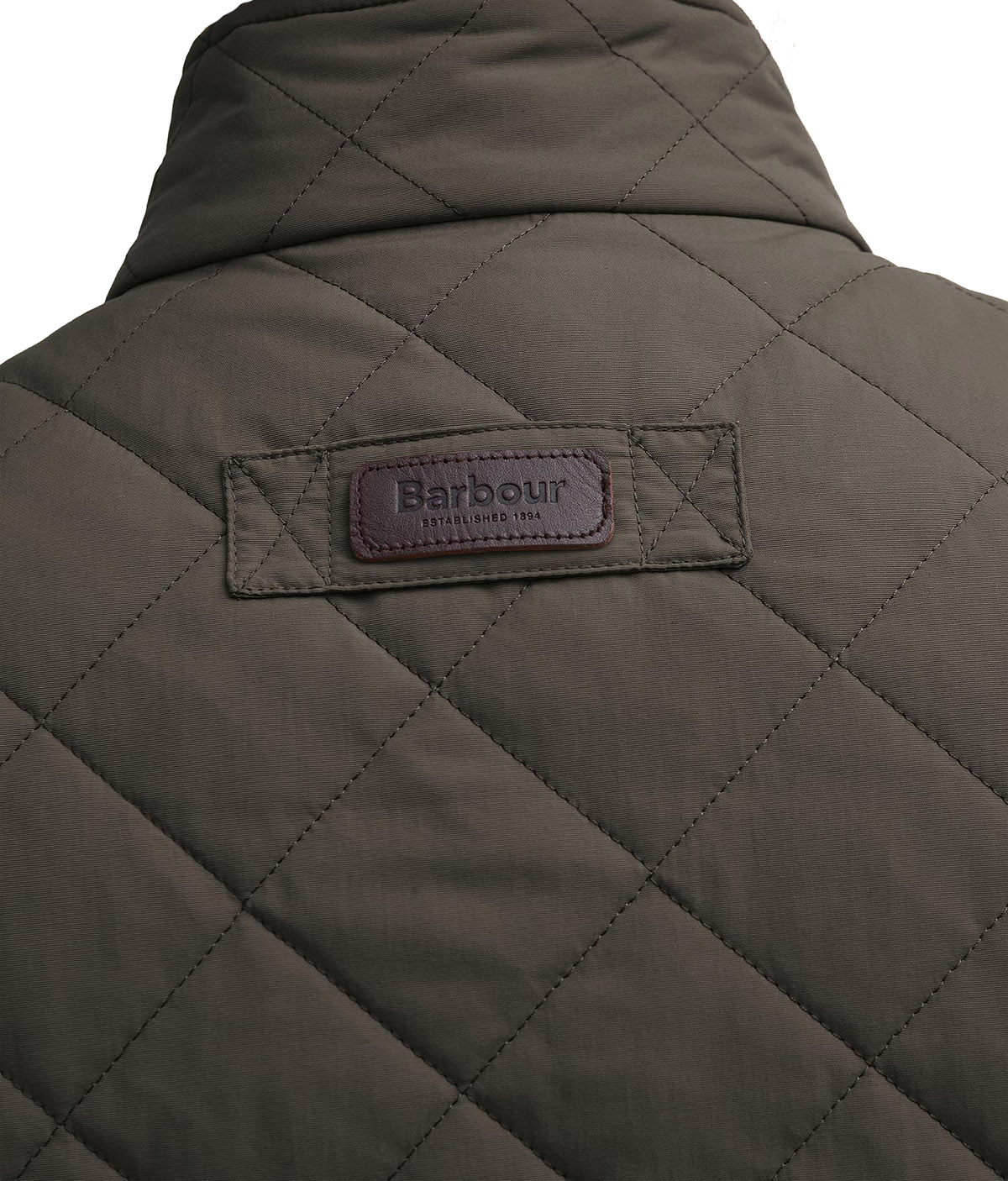 Barbour Weste Fernwood mit abgerundetem Saum und Stehkragen, Detailansicht Rückseite