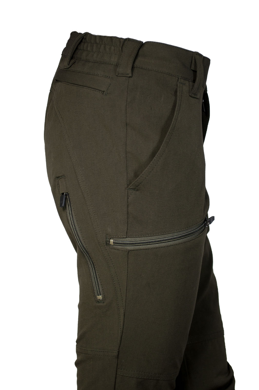 jagdhose stretch emma in oliv – rechte seitenansicht mit sicht auf details und passform