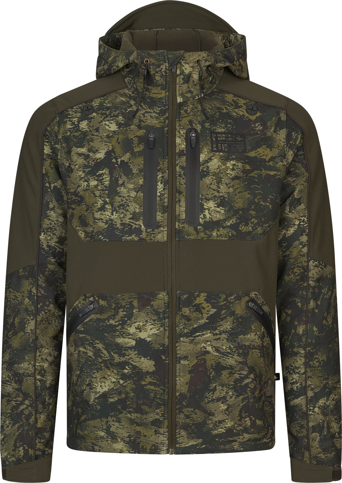 Frontansicht der Seeland Jacke Chaser Aero Camo in Camouflage-Grün mit Reißverschluss, hochgeschlossenem Kragen und mehreren Taschen.