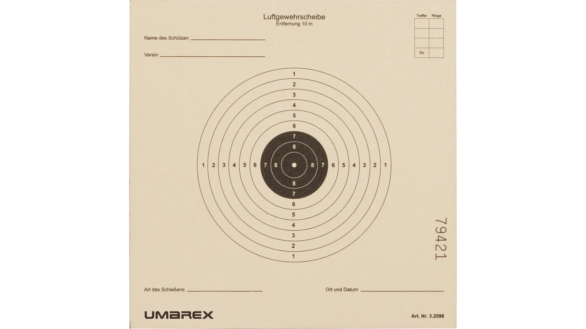 Zielscheibe von Umarex für Luftgewehre, aufgedruckt ist ein 10er Spiegel, Zielscheibe in 14x14cm