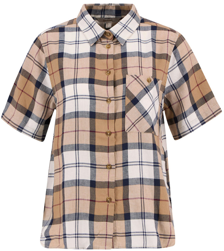 Barbour Bluse kurzarm Fern in White und Hessian Tartan, kurzärmlige Bluse mit Brusttasche und in hellbraun und weißkariertem Karomuster