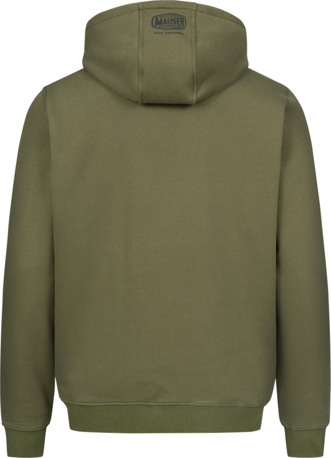 Mauser Hoody Mauser 23 in Matt oliv zu sehen von hinten, mit Kaputze mit kleinem Mauser-Logo