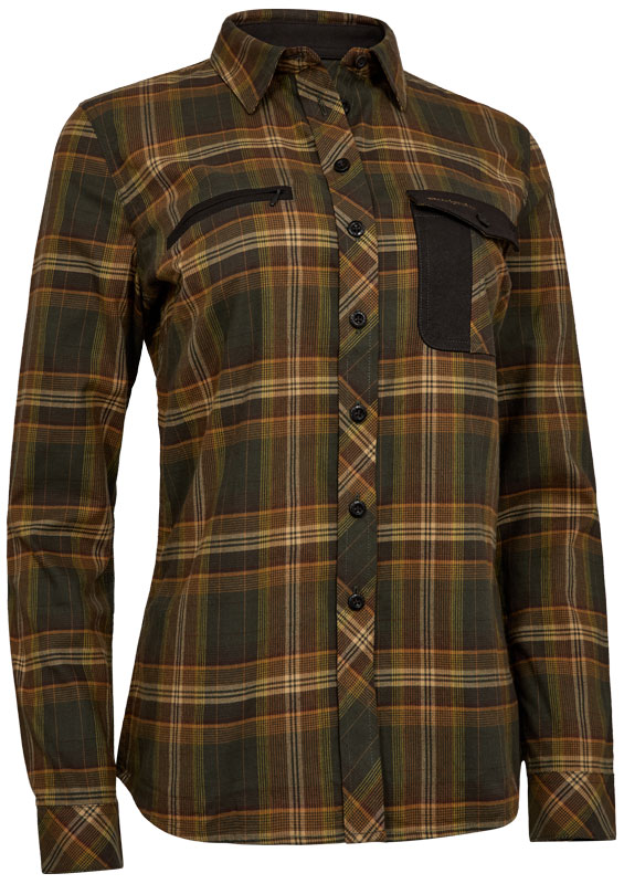 Deerhunter Bluse Blair, dunkelbraune Bluse mit Karomuster in hellerem Braun und dezentem Grün, Wildlederimitat an Brusttasche, Vorderansicht der Bluse