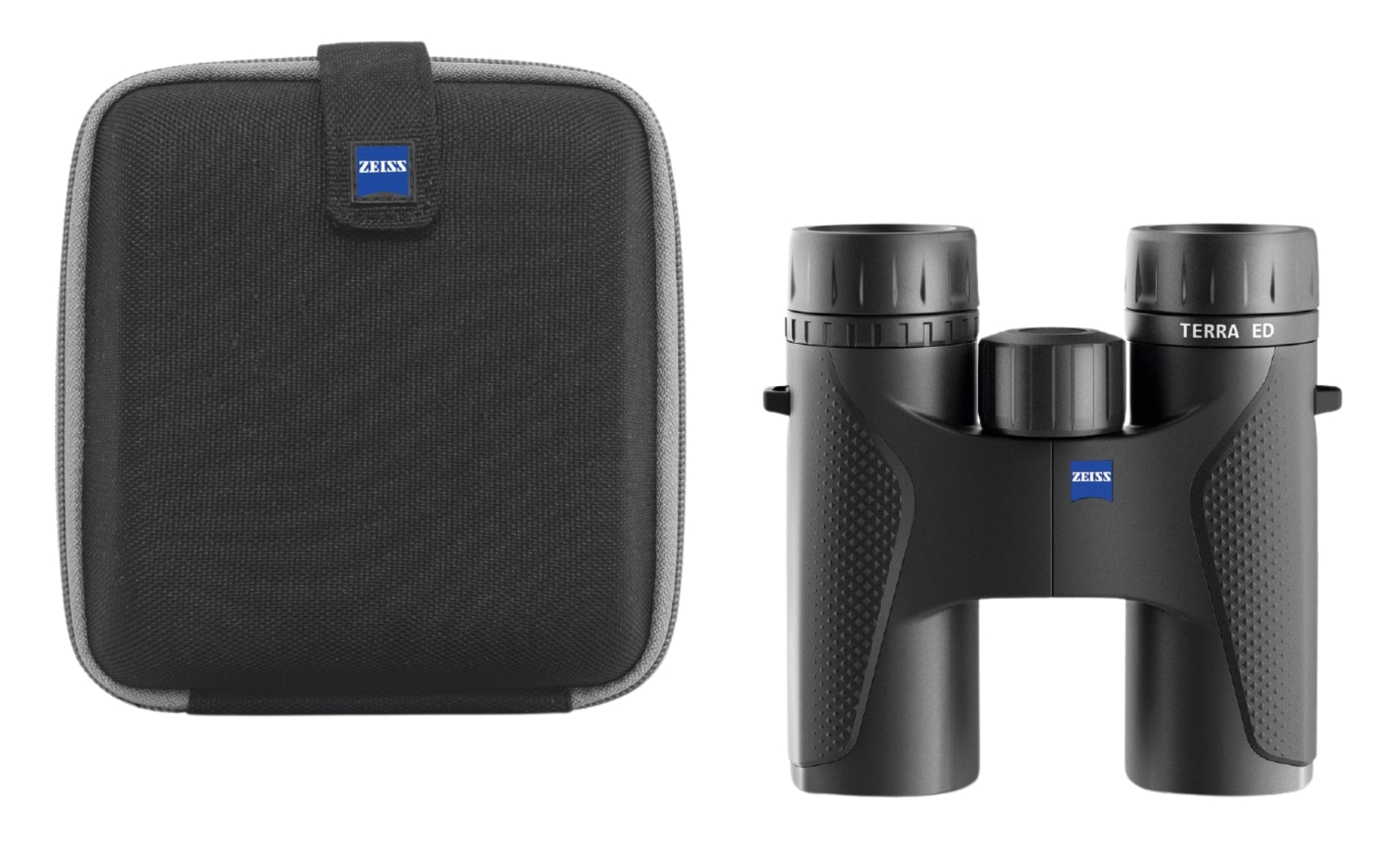 zeiss-terra-ed-8x32 Schwarz Grau, stehendes Fernglas und passende Transporttasche