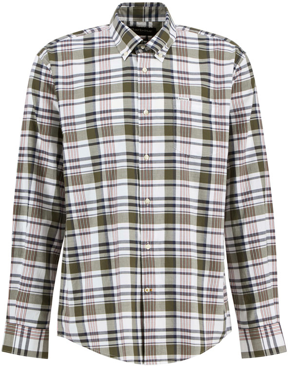 Barbour Hemd Hunwick in Regular Fit, Hemd mit Knopfleiste und einem großen Karomuster oliv, braun, weiß