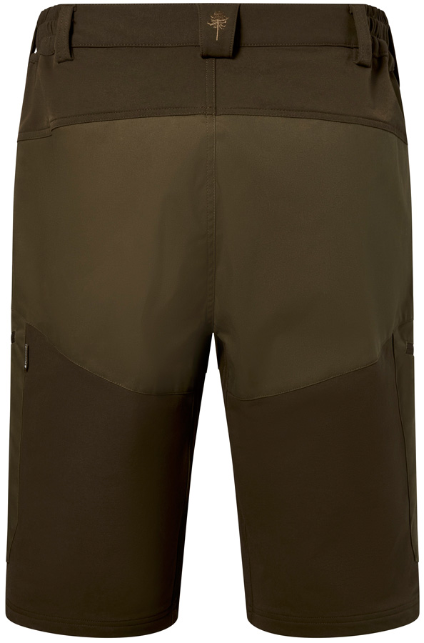Pinewood Shorts Finnveden Hybrid in der Farbe Dunkeloliv mit helloliven Taschen und Gesäßpart, Rückansicht
