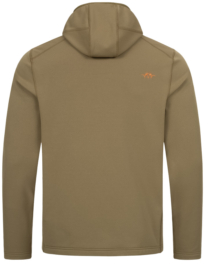 Blaser Hoodie Drain Full Zip in der Farbe Kaper wird hier von der Rückseite gezeigt, kleines Logo auf der rechten Schulter und eine Kaputze