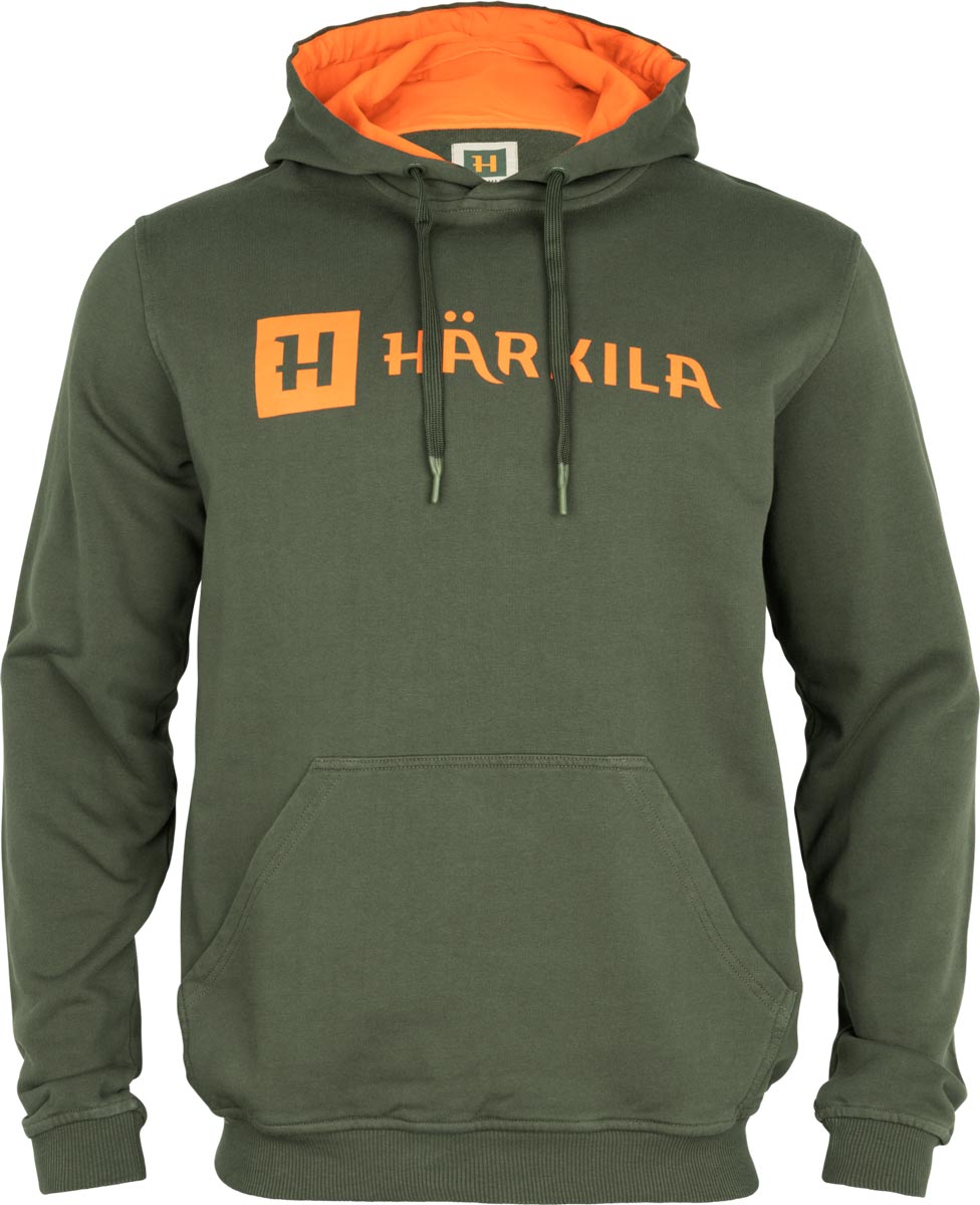 Vorderansicht des Härkila Hoodie Identity in Grape Leaf/Mandarin Orange mit Kapuze, Kängurutasche und Logo-Detail.