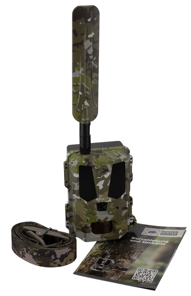 Bresser Modern Hunter Mini Wildkamera Hunter 4G, Lieferumfang aus Wildkamera in Camo-Gehäuse, Baumgurt, Betriebsanleitung und SIM-Karte