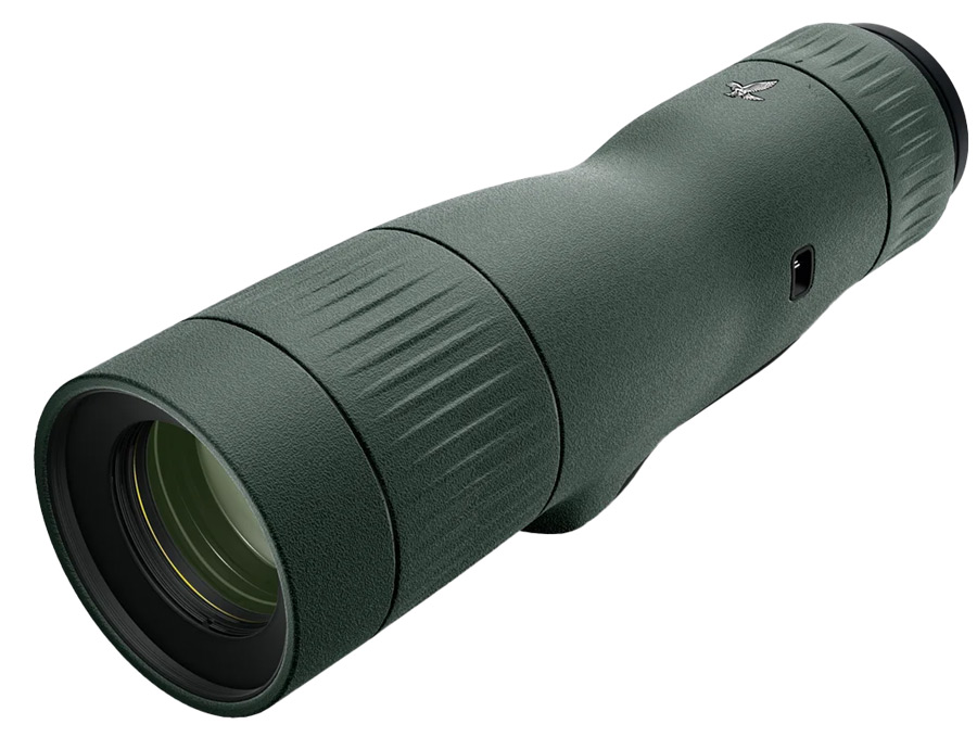 Swarovski Telescope ST Balance 14-35x50, Objektiv zum Betrachter gedreht und leicht nach unten geneigt, in der grünen Farbe des Herstellers produziert und mit Swarovski-Logo auf der Oberseite