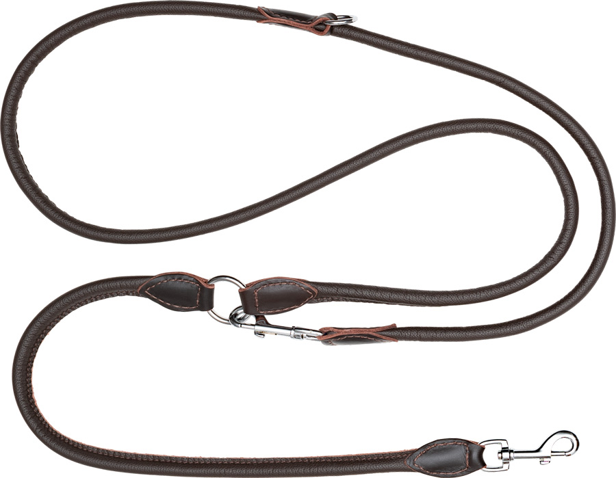 Blaser Hundeleine aus dunkelbraunem Leder mit Metallringen und Karabiner zur Längenverstellung