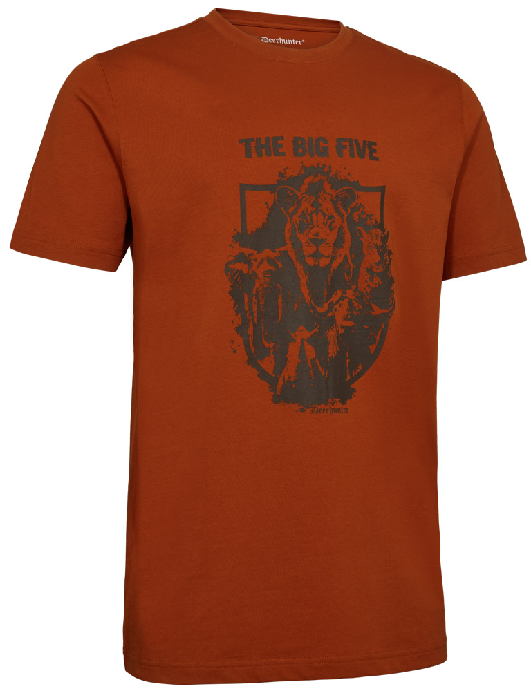 Deerhunter T-Shirt Weston, dunkelrotes T-Shirt mit schwarzer Abbildung der Köpfe der Big Five der Tierwelt auf der Vorderseite