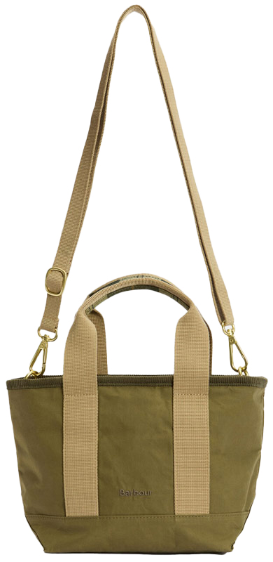 Frontansicht der Barbour Tasche Mini Mya Tote Bag in Dusty Green mit abnehmbarem Scuhltergurt und festgenähten Handgriffen