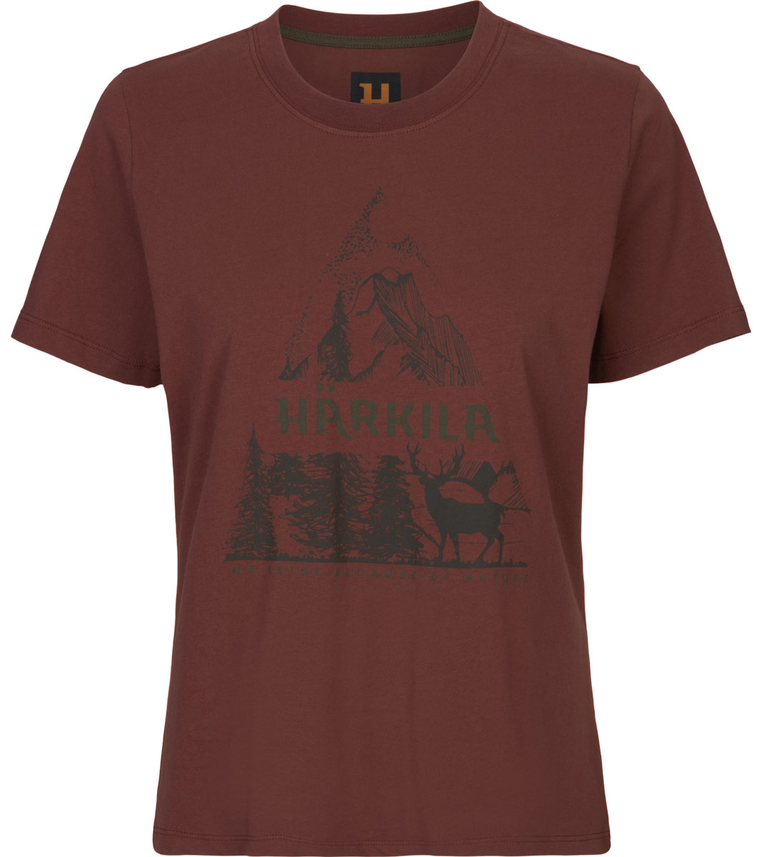 Damen-T-Shirt Härkila Natur in Vorderansicht mit Bergmotiv auf der Brust und klassischem Rundhalsausschnitt.