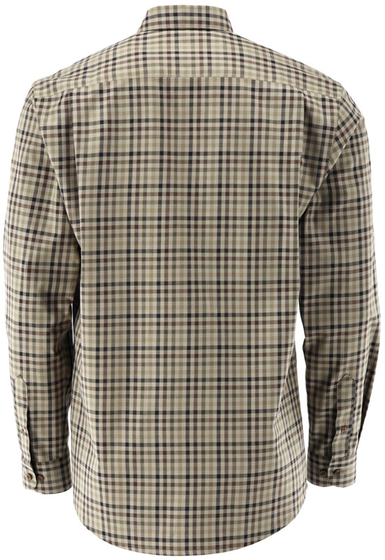 Hemd Button-Down-Kragen von Tom Collins, zeigt die Rückseite des Hemds mit olivem Karomuster