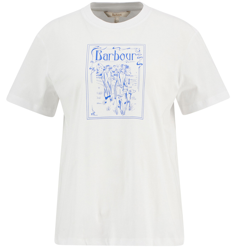 Barbour T-Shirt Hambleton in weiß mit blauem Motivdruck zweier Damen mit Windhunden