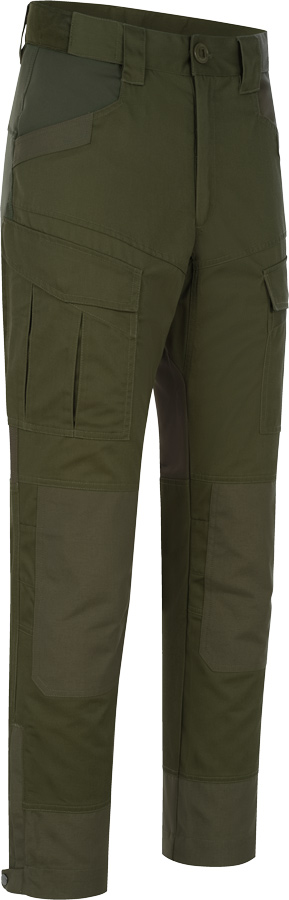 Herren-Hose Mauser Stalker in matt Oliv, Schrägansicht mit seitlicher Cargo-Tasche, markanten Nähten und robustem Outdoor-Design.