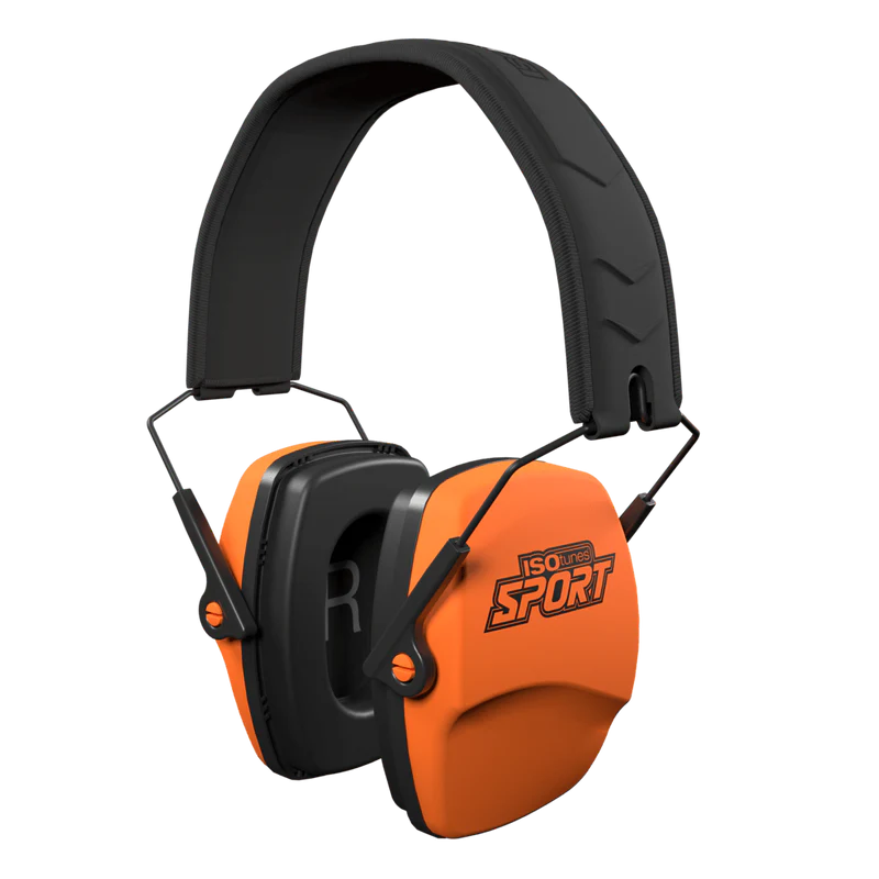 ISOtunes Sport DEFY Slim Gehoerschutz mit orangen Außenschalen, Vorderseite