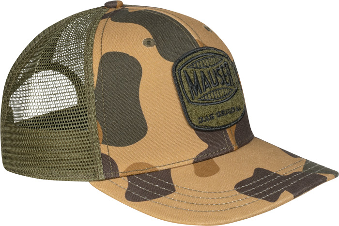Rechts Seite Cap von Mauser in Camouflage mit olivgrünem Mesh-Rückteil, seitlicher Ansicht und aufgenähtem Front-Patch.
