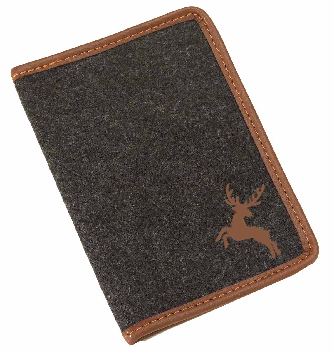 AKAH Jagdschein Etui aus Loden und abgenähter Rand aus Elchleder, Vorderseite