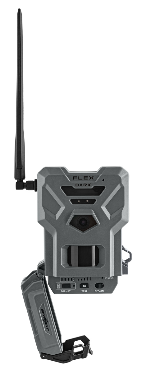 Spypoint Flex-Dark Twin-Pack – Vorderseite mit geöffneter Unterklappe, Display sichtbar