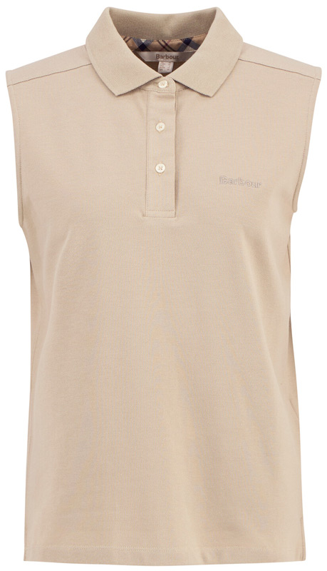 Barbour Poloshirt Bowford Sleeveless in der Farbe Sand, eine ärmelloses Poloshirt in hellem braun-beige