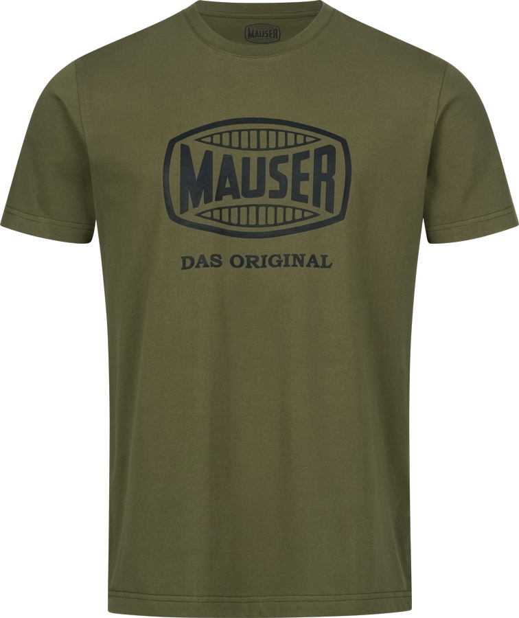 Herren-T-Shirt von Mauser in Oliv, Frontansicht, mit schwarzem Mauser-Logo und dem Schriftzug „DAS ORIGINAL“ auf der Brust.