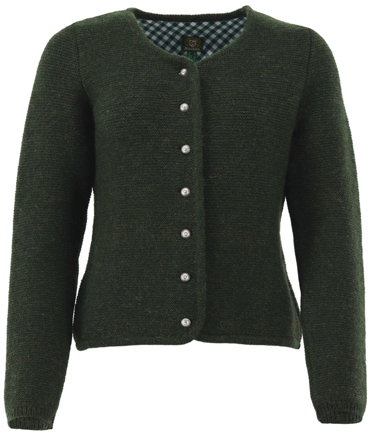 Vorderseite der OS Trachten Strickjacke Rundhals in der Farbe Oliv mit Knopfleiste