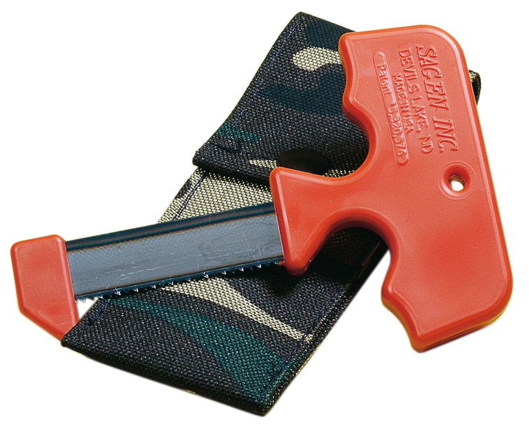 Sagen Aufbrechsäge mit einem roten T-Griff und einem 6 cm Sägeblatt, Vorderseite