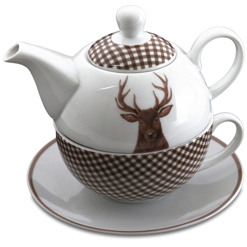 AKAH Porzellan Stövchen Hirschbüste, Tea for one, Teekännchen und Tasse für eine Person