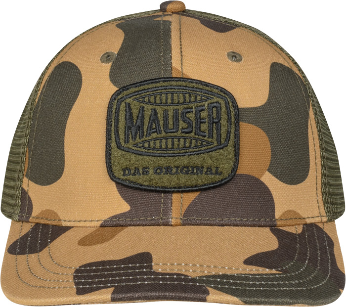 Cap von Mauser in Camouflage, Frontansicht mit großem Mauser-Patch, gebogenem Schirm und sechs-teiliger Kappe.