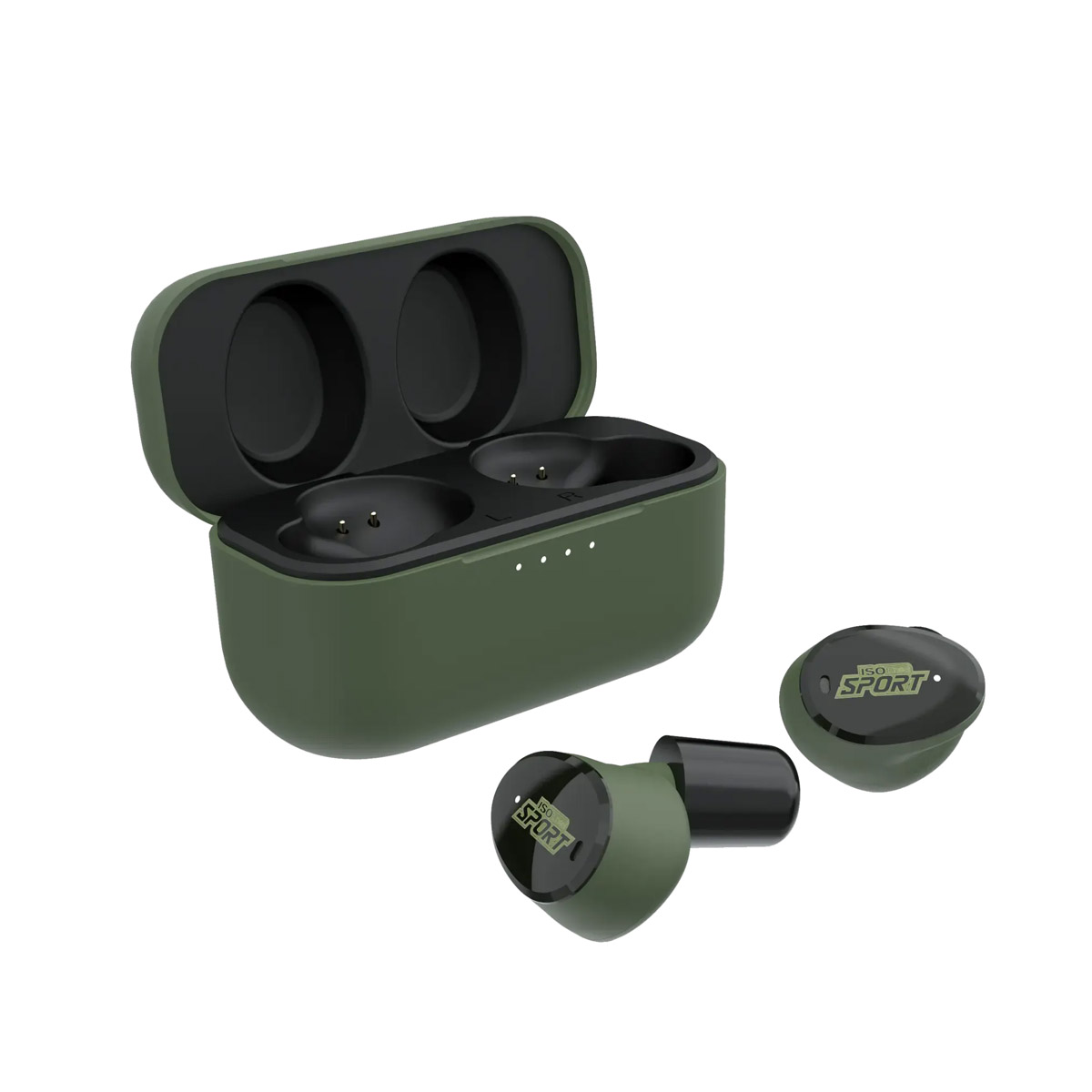 ISOTunes Sport Caliber in Jagdgruen mit Huelle ebenfalls in gruen, Vorderseite