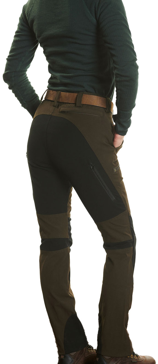 jagdhose stretch emma in olivschwarz – rückansicht mit sicht auf gesäßtaschen