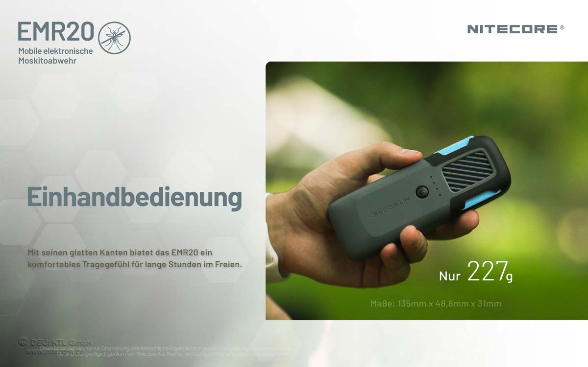 Darstellung der Einhandbedienung des Nitecore EMR20 Mückenabwehrgeräts