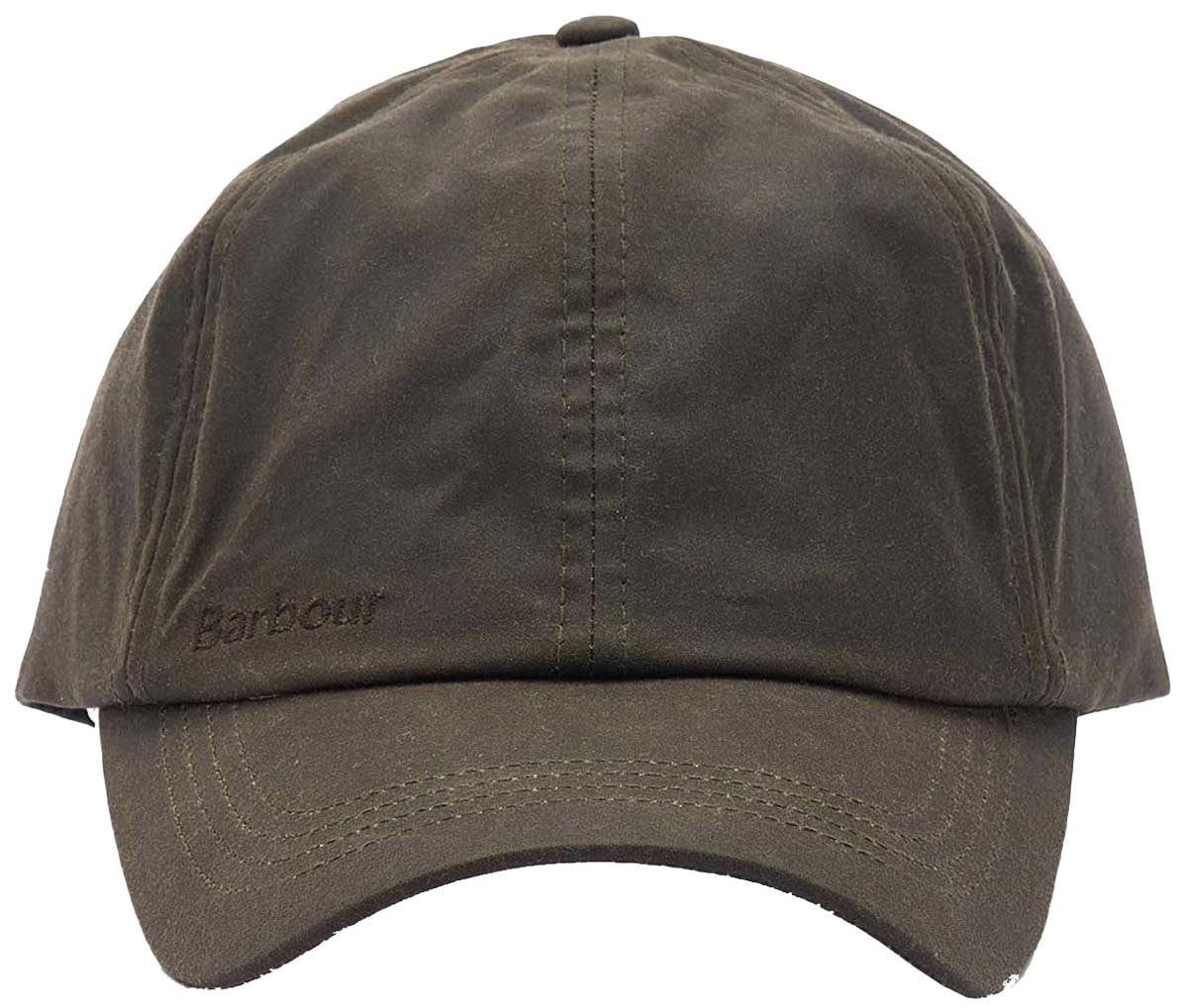 Barbour Wax Cap in Olive in der Frontansicht, Cap mit gebogenem Schirm