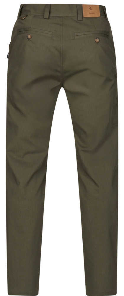 Rückansicht der Seeland Hose Beech in Grape Leaf mit Gesäßtaschen und grünem Obermaterial.