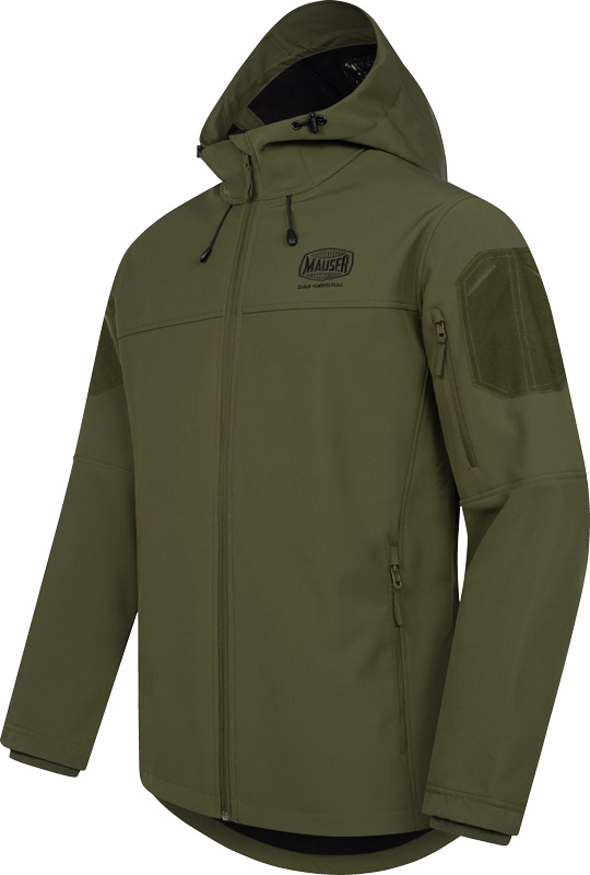 Herren-Softshelljacke Mauser Tornado in matt Oliv, Linksansicht mit sichtbarem Ärmel, seitlicher Tasche und Kapuze.